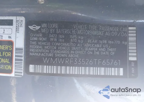 2006 Mini Cooper from USA, damaged, VIN WMWRF33526TF65761